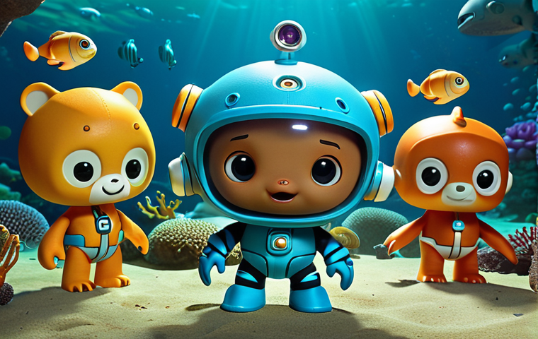 **
Octonauts team (Captain Barnacles, Kwazii, Peso, etc.) discovering a new, unique sea creature with amazing abilities in the deep ocean. Focus on the Octonauts' expressions of wonder and the unusual features of the creature.
**